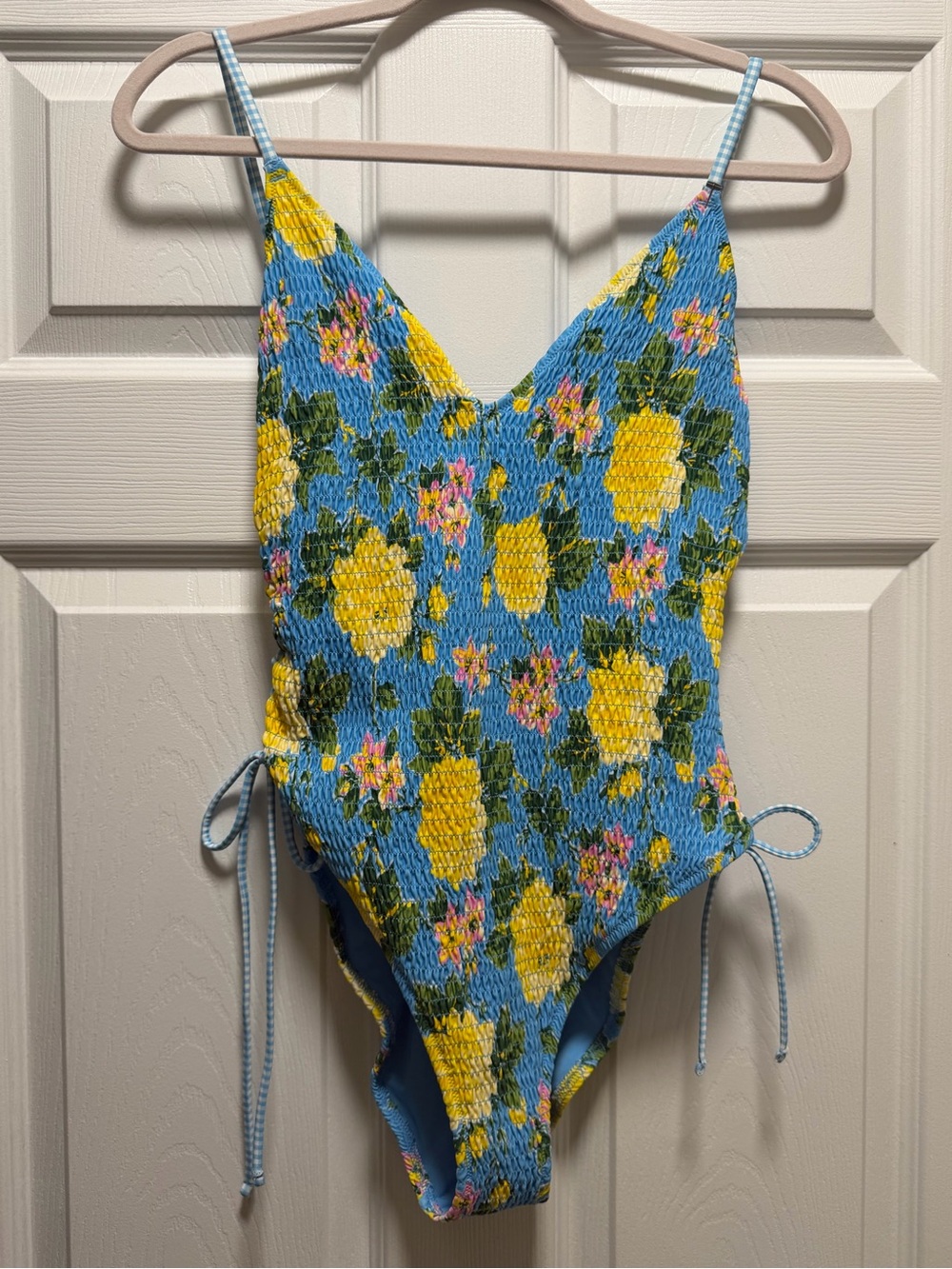 Girls' Blue Floral Smocked One-Piece Swimsuit with Yellow Flowers